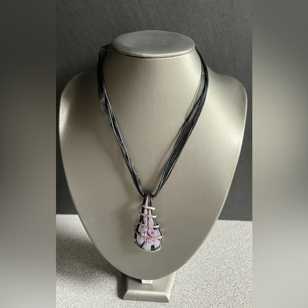 Gold Foil and Floral Blown Glass Pendant Necklace